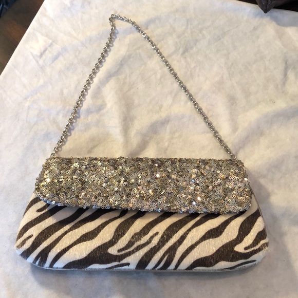 Expressions NYC Sequins & Zebra printed Cow fur Lined envelope shoulder clutch - Picture 1 of 10